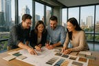 Designer and clients standing over floorplans and design material samples in downtown austin texas 